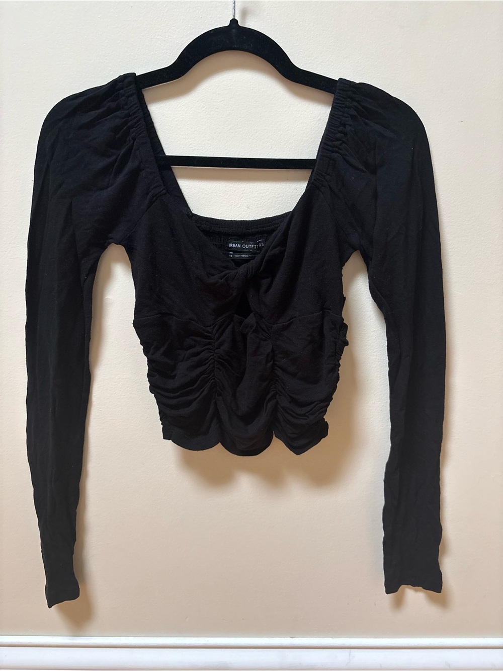 Urban Outfitters Black Ruched Scoop-Neck Long Sleeve Top